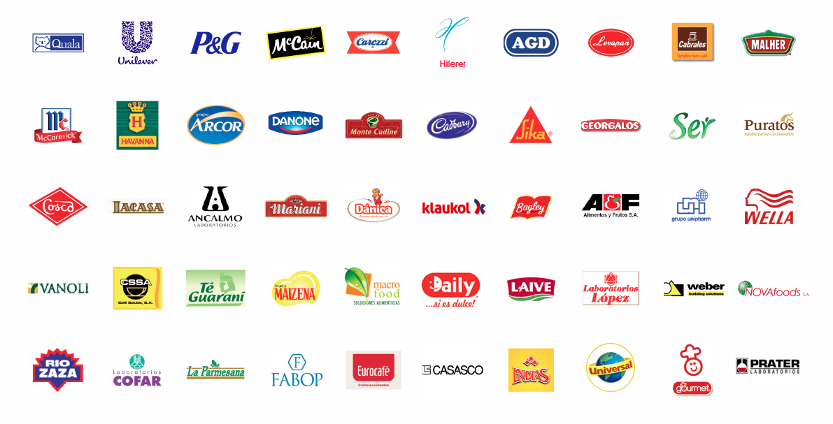 Logo Quala, Unilever, P&G, McCain, Carozzi, Hileret, AGD, Levapan, Cabrles, Malher, McCornick, Habanna, Arcor, Danone, Monte Cudine, Cadbury, Sika, Georgalos, Ser, Puratos, Cosco, Lacasa, Ancalmo, Mariani, Dánica, Klaukol, Bagley, Alimentos y Frutos SA, Grupo Unipharm, Wella, Vanoli, CSSA, Té Guaraní, Maizena, Macro Food, Aily, Laive, Laboratorios López, Weber, Konig, Rio Zaza, Laboratorios Cofar, La Parmesana, Fabop, Eurocafé, Casasco, Indias, Universal, Gourmet, Prater.